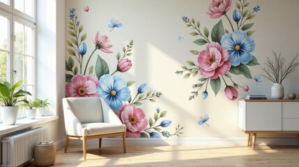 Serene Living Room Decor Featuring a Stunning Floral Wall Mural with Delicate Pink and Blue Blooms