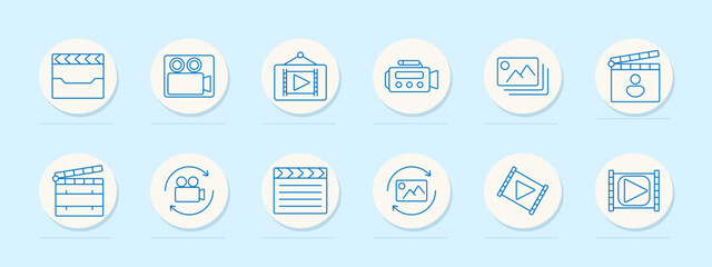 Video production set icon. Clapperboard, movie camera, projection, gallery, media playback, editing, slideshow, animation, content sharing, presentation