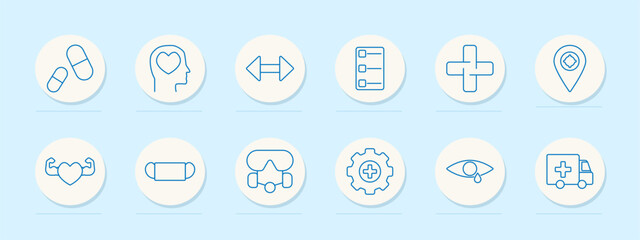 Medical healthcare set icon. Pills, mental health, measurement, checklist, medical cross, location, fitness, mask, goggles, settings, vision, ambulance