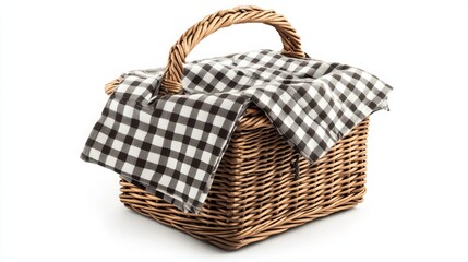 Fototapeta premium One elegant picnic basket adorned with a charming checkered napkin. Perfect for a delightful outdoor gathering, it's spacious enough to hold all your picnic essentials, keeping them organized