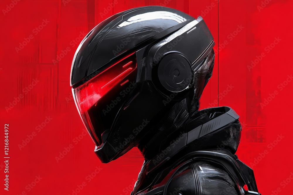 Poster futuristic helmeted figure stands ready against a bold red backdrop in a striking science fiction se