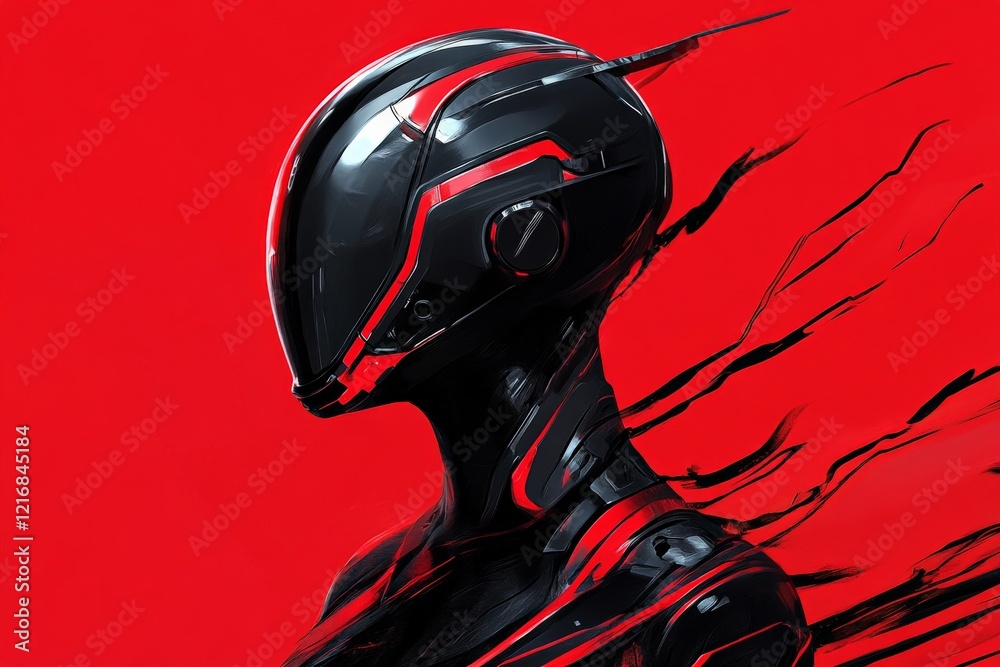 Aufkleber futuristic character with sleek black and red armor stands against vivid red backdrop