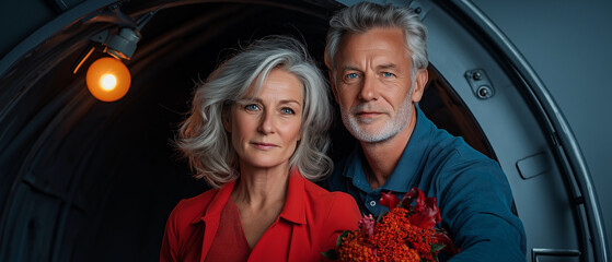 A senior couple climbing a lighthouse staircase