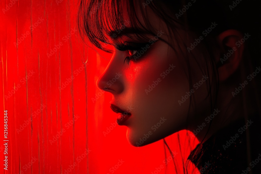 Poster Portrait of a woman with striking features illuminated by red lighting against a textured backdrop