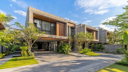 Fototapeta premium Opulent abode boasts a robust concrete facade adorned with warm wooden accents, creating an alluring blend of modernism and rustic charm. The spacious interior exudes comfort and style