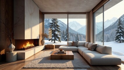 Modern Minimalist Living Room with Stunning Winter Mountain View and Cozy Fireplace