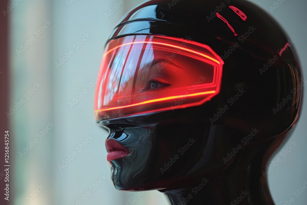 Poster futuristic mannequin with illuminated visor on display in a modern storefront showcasing creative fa