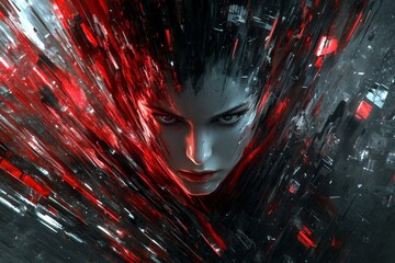 Naklejka premium Exquisite digital art showcasing a woman's face emerging from a dynamic, abstract background of vibrant red and dark hues