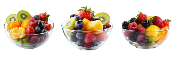 Set of A vibrant bowl filled with fresh fruits, including apples, bananas, grapes, and oranges, on a wooden kitchen countertop with natural lighting on transparent png background