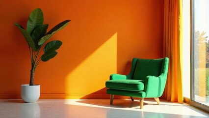 Vibrant Green Armchair in a Sunlit Room with an Orange Wall and a Lush Tropical Plant