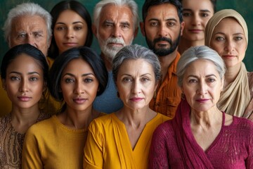 Obraz premium Diverse group of individuals posing together in a warm indoor setting, showcasing a rich blend of cultures and backgrounds
