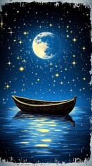 Solitary Boat Adrift Under a Celestial Night Sky, Illuminated by a Large Moon