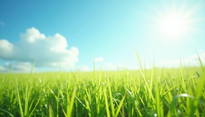 Obraz premium Vibrant Green Grass Field Under a Sunny Sky: Serene Landscape Photography