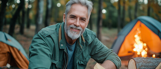 A senior man chopping wood for a campfire in a forest
