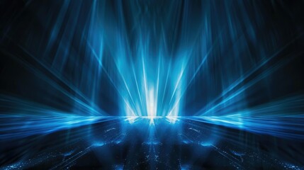 A vibrant blue abstract design with rays of light emanating from a central point.