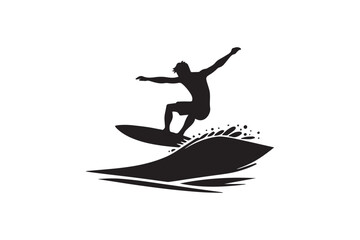 simple and subtle surfing vector silhouette black and white, set against a white background. 