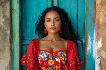 Fototapeta premium Colorful portrait of a woman in traditional attire against a vibrant blue background in a rustic setting