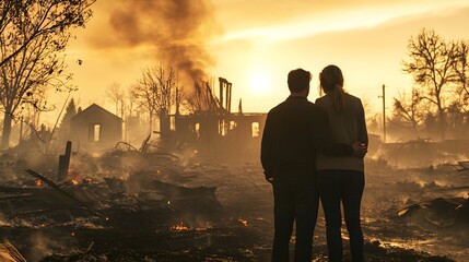 couple standing amidst burned homes after wildfire
