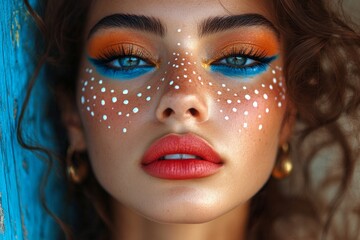 Vibrant makeup artistry showcases bold colors and artistic detailing on a model's face in an outdoor setting
