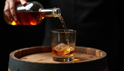 Whiskey Pour: Golden Liquid into Crystal Glass on Aged Wood