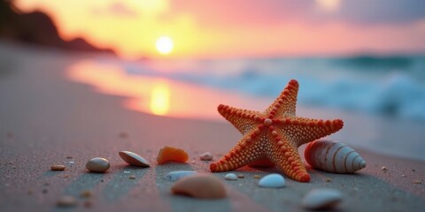 Serene Sunset Seascape Starfish and Seashells on Sandy Shore at Golden Hour