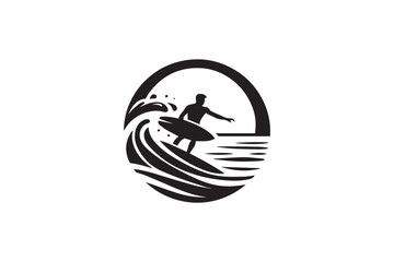 simple and subtle surfing vector silhouette black and white, set against a white background. 