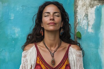 Fototapeta premium Woman with long hair meditating against a vibrant blue wall in a serene outdoor setting
