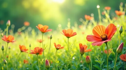 Vibrant Orange Blossoms Basking in the Golden Sunlight of a Lush Meadow