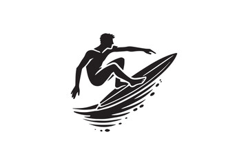 simple and subtle surfing vector silhouette black and white, set against a white background. 