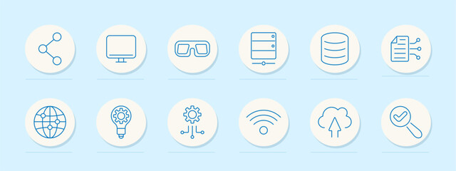 Data technology set icon. Networking, monitor, virtual reality, server, database, file transfer, global network, idea, AI, wireless, cloud upload, analytics