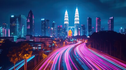 Vibrant cityscape at night with light trails and iconic towers.