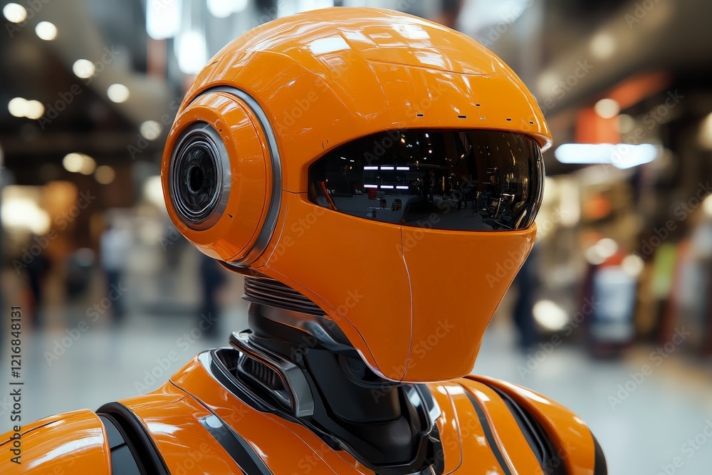 Aufkleber detail-oriented futuristic robot in an urban shopping center showcasing advanced technology