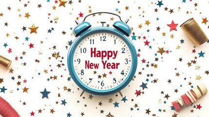 Festive New Year Celebration Clock with Colorful Stars and Confetti