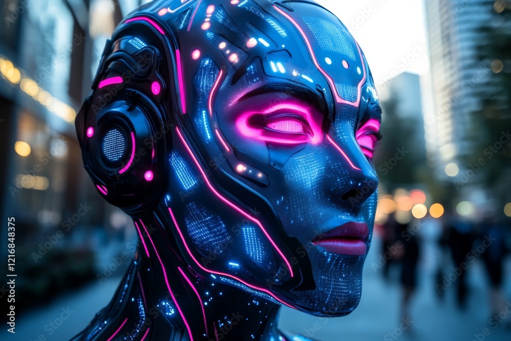 Poster futuristic robot with vibrant neon patterns stands in a bustling cityscape during twilight hours