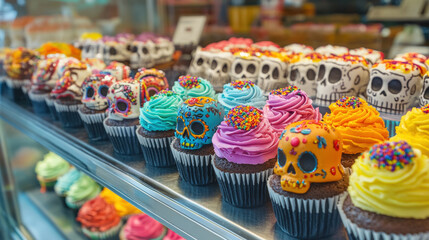 A bakery display case filled with vibrant sugar skull cupcakes, each decorated with intricate frosting patterns in bright colors, with festive Day of the Dead decor in the background