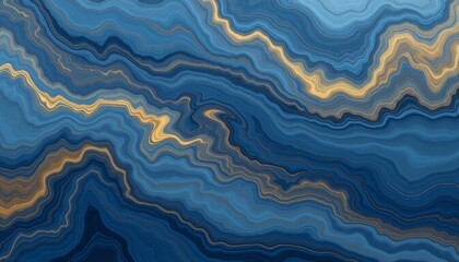 Obraz premium Intricate abstract pattern of agate-like formations with wavy blue and gold lines, evoking a sense of natural beauty and complexity in geological structures
