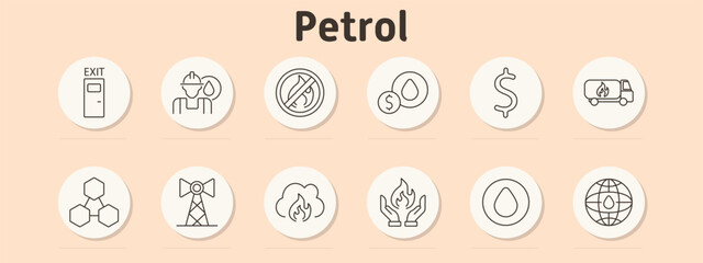 Petrol set icon. Exit sign, worker, no fire, oil price, dollar symbol, fuel truck, chemical formula, refinery, smoke, flame in hands, oil drop, global oil.