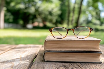 Outdoor Reading with Glasses and Books