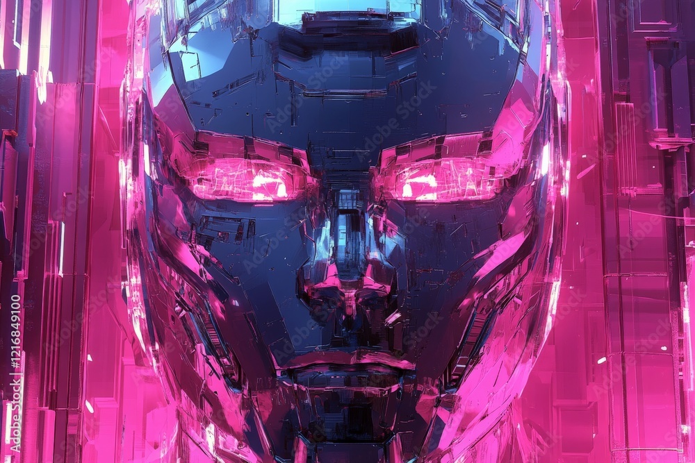 Poster close-up view of a futuristic robotic face with vibrant colors and high-tech details