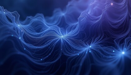 Intricate web of glowing blue and purple filaments resembling ocean waves, creating an ethereal and mesmerizing digital artwork with dynamic, flowing motion