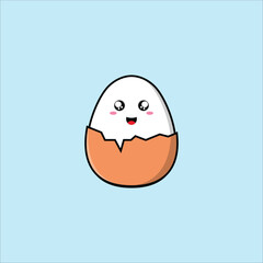 Adorable cartoon-style egg with a cheerful face, sitting in a cracked shell