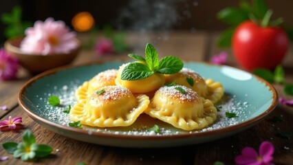 A delectable arrangement of sweet ravioli, delicately dusted with powdered sugar and adorned with fresh mint sprigs, presented on a rustic teal plate.