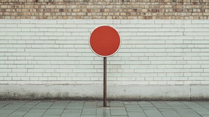 Red circular traffic sign on a brick wall backdrop, symbolizing prohibition or warning