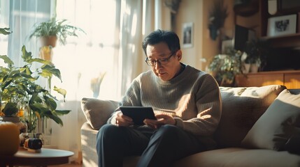 senior man relaxing at home using tablet