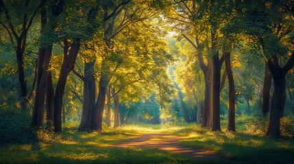Fototapeta premium sunlit path through a lush green forest