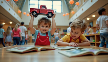 Happy children playing with toy truck in library setting