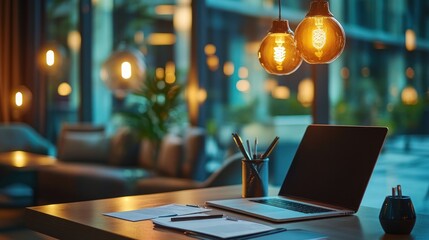 Laptop on a Table in a Cozy Cafe with Warm Lighting