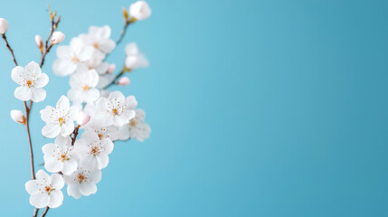 Fototapeta premium Cherry blossom branches with delicate white flowers against a blue background