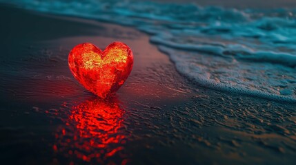 Fototapeta premium A glowing red heart on the sand, with sea waves, water, and fire background