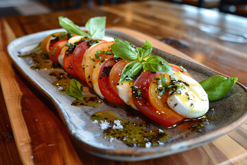 Photo of a plate with caprese salad beautifully served on irregulary shaped hand-thrown ceramic plate with an earthy glaze, eco-style, local farm products, wooden serving board and a natural linen nap